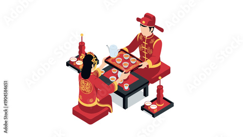 Traditional chinese tea ceremony with couple in red attire in isometric style