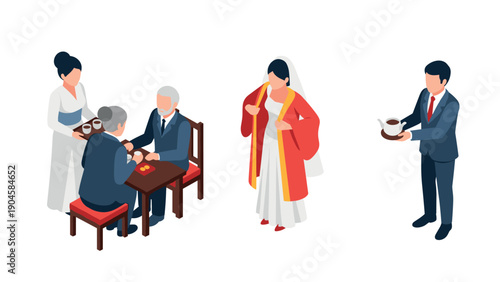 Traditional wedding scene with bride, groom, and family in isometric style