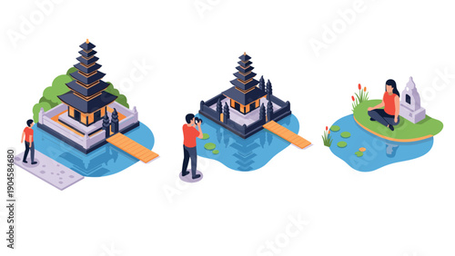 Isometric 3d indonesian temple scene with pagoda and lake views