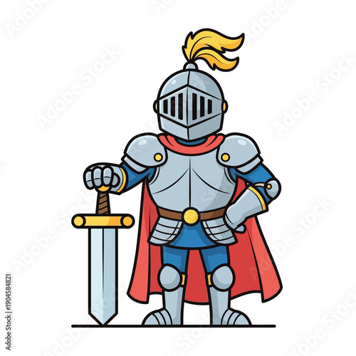 Cartoon Knight in Shining Armor with Sword and Red Cape, Standing Proud