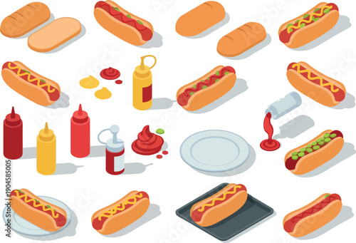 A collection of isometric hot dogs and condiments presented from various angles, perfect for food-related designs and illustrations