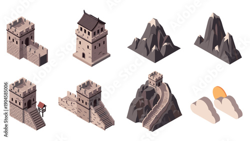 Isometric great wall and mountains with sun and clouds elements set
