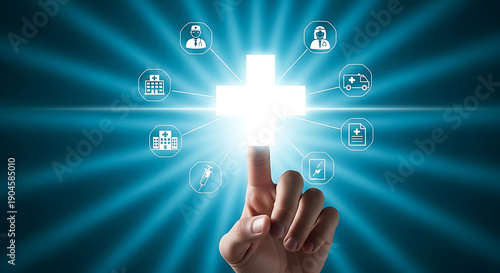 human finger activates glowing medical cross central to a digital healthcare network connecting doctors hospitals and patient care services.