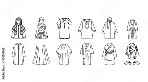 Diverse Traditional Clothing Outfits Collection Line Art Illustration