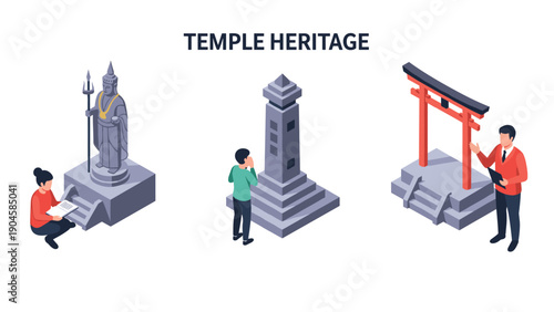 Ancient temple exploration with statues and gates in isometric style
