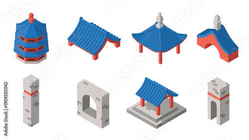 Traditional asian architecture isometric set featuring pagodas and roof structures