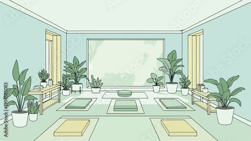 A serene yoga room illustration with plants, mats, and soft lighting