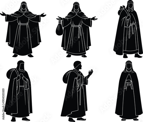 Collection of ancient biblical male character silhouettes in traditional robes and cloaks for religious storytelling historical illustrations and middle eastern themes (