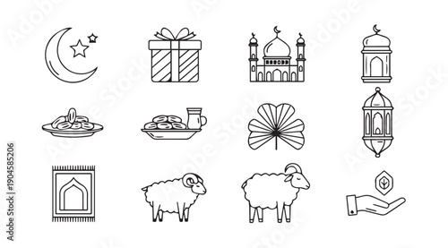 Eid al-Adha Islamic Holiday Icons Collection, Moon, Mosque, Sheep, Gift, Lantern, Prayer Mat