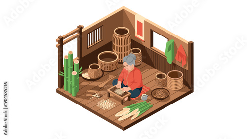 Elderly artisan crafting bamboo baskets in traditional japanese isometric room