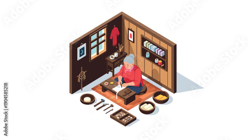 Craftsman working in traditional workshop isometric art