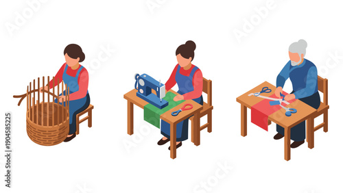 Women crafting: basket weaving, sewing, and cutting in isometric style