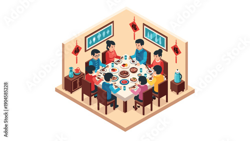 Family enjoying traditional meal in isometric dining room setting