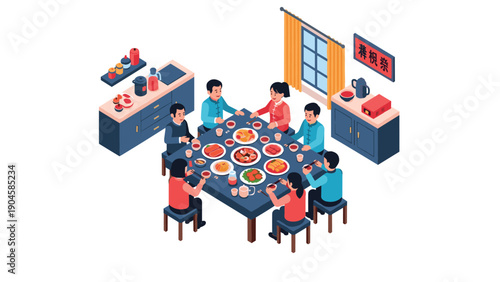 Family gathering around dinner table in isometric style