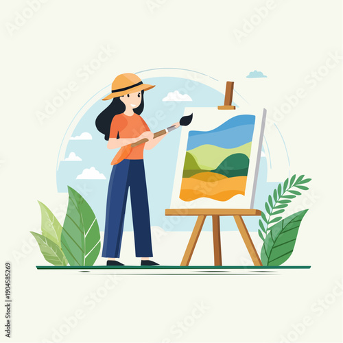 Woman artist painting landscape on canvas using easel outdoors