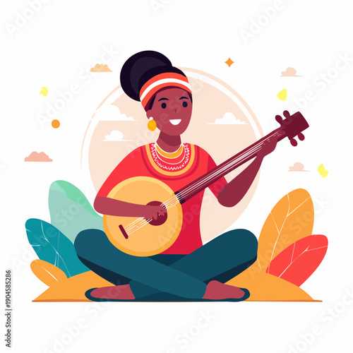 Black woman sitting and performing music on traditional lute