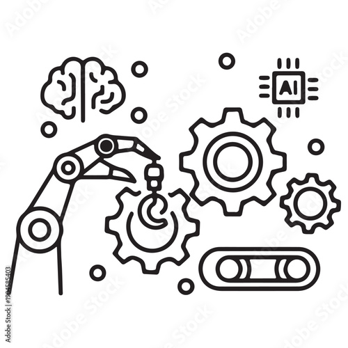 Artificial intelligence and industrial automation concept illustration featuring a robotic arm manipulating gears, a human brain, and an AI processor chip in a clean minimalist line art style.