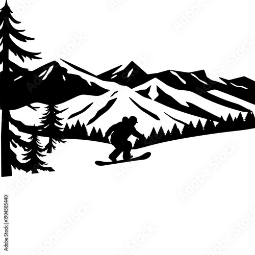 Snowboarder carving with mountains and trees silhouette