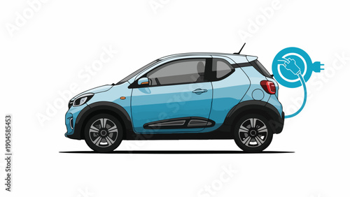 A side view of a small blue electric vehicle with a charging cable