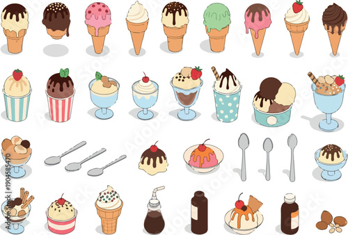 A delightful collection of various ice cream desserts, sundaes, and cones in different flavors and styles, presented from a top-down perspective