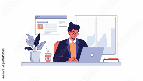 A person with glasses works on a laptop at a desk with plants and coffee