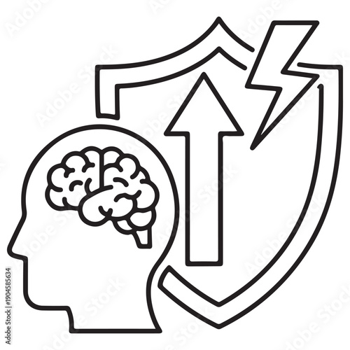 Minimalist Line Art Icon Representing Mental Resilience and Psychological Protection Featuring a Human Head with Brain, Shield, Upward Arrow, and Lightning Bolt for Cognitive Strength.