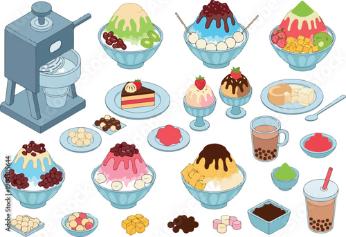 A vibrant collection of delicious Asian desserts including shaved ice, boba tea, and sweet treats, perfect for a summer day
