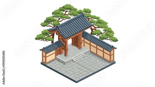 Traditional east asian gate with trees and wall in isometric style