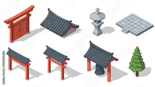 Isometric traditional japanese architecture elements set with torii gate and lantern