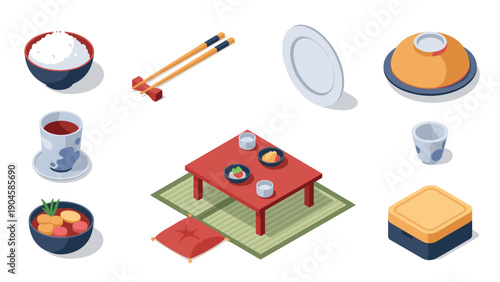 Isometric japanese dining set with sushi and traditional tableware
