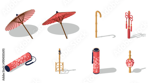 Traditional japanese parasols and accessories with floral patterns in isometric style