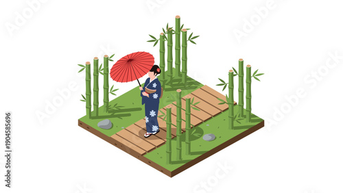 Isometric design of japanese garden with geisha and bamboo pathway