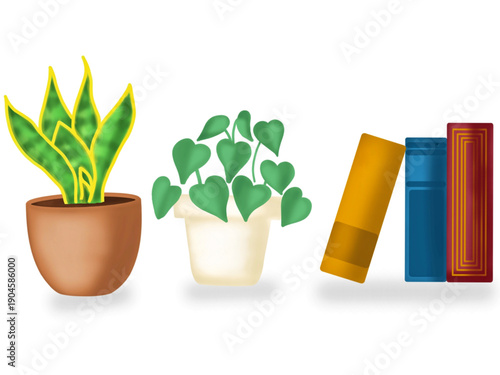 Icon set of decorative plants: snake plant, pothos and books lined up.