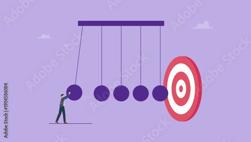 Businessman use newtons cradle make impact to hit target. Make impact to success or reach target.