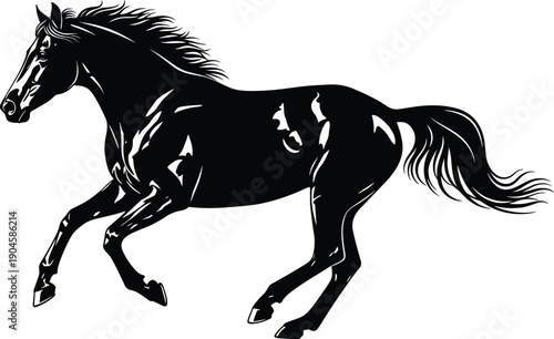 Powerful black horse galloping fast in dynamic hand drawn vector style isolated on white background for equine sports and nature
