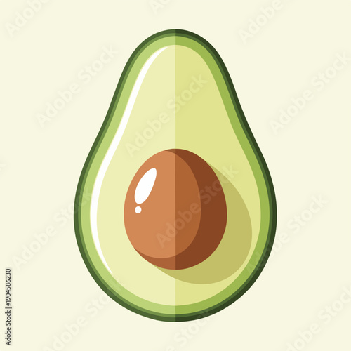 A sliced avocado, showing the green peel, the pit, and interior flesh