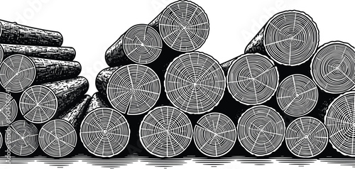 Hand Drawn Woodcut Illustration of Stacked Timber Logs with Visible Tree Rings and Bark Texture for Forestry and Woodworking Industry