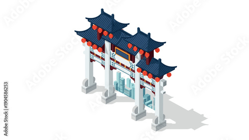 Traditional asian gateway pagoda with red lanterns in isometric style