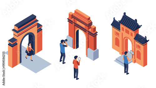 Isometric depictions of traditional asian and european archways explored by tourists