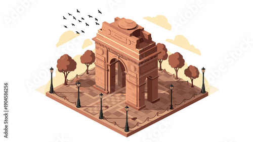 Isometric autumn scene of iconic monument with birds and trees