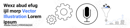 Technology, machine learning, data filtration, analytics, voice recognition, automation. Microphone, gears funnel filtering icons with tiny graphs and analytics. Automation and voice recognition