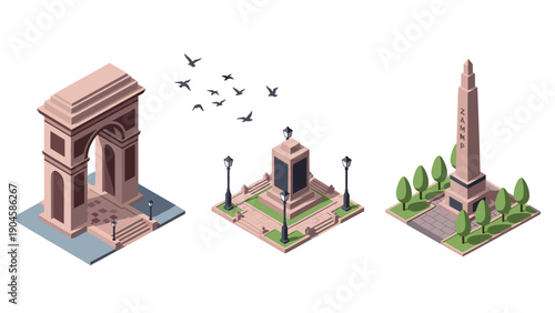 Isometric architectural landmarks with urban park elements and flying birds