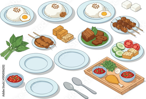 Collection of Indonesian Cuisine dishes including Nasi Uduk, Satay, and various side dishes, presented in a clean, illustrative style