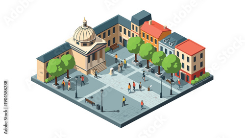 Charming isometric cityscape with buildings and people in a vibrant urban plaza