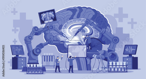 Robotic Brain Surgery. Futuristic Medical Technology. Digital Illustration.