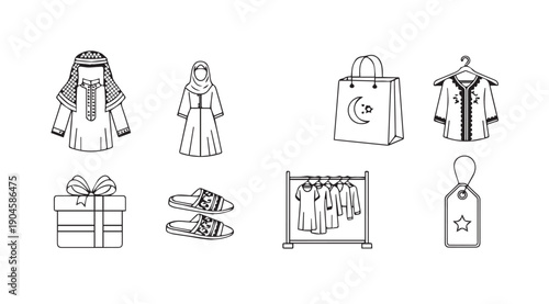 Islamic Clothing and Accessories Icons: Thobe, Hijab, Gift, Slides, Shopping Bag, Kaftan, Rack, Tag