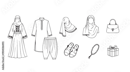 Islamic Clothing and Accessories Line Art Icons