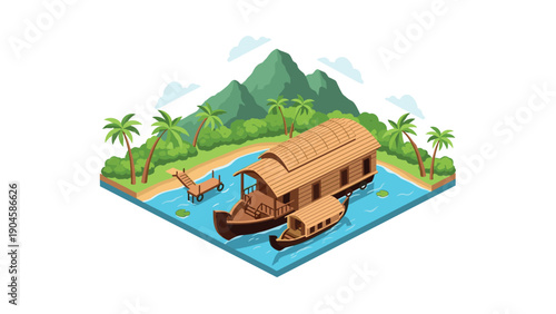 Tranquil isometric tropical landscape with boat and mountain background