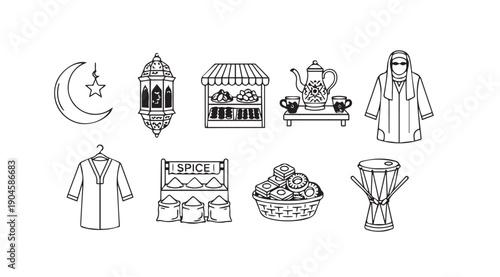 Islamic Cultural Icons Collection: Ramadan Lantern, Kaftan, Spice Stall, Tea Set, Drum