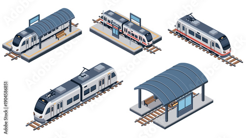 Isometric train and station set with modern designs and transport elements
